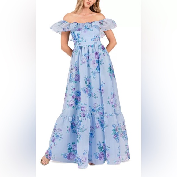 NWT B Darlin Juniors Floral Off-The-Shoulder Ruffle Gown - Picture 1 of 5
